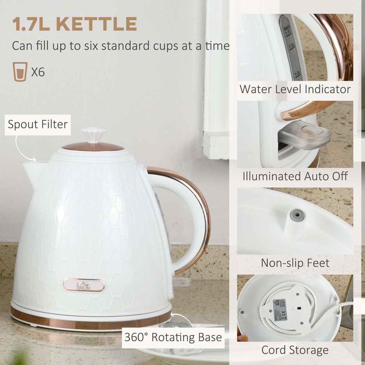Wise Galleria 1.7L Kettle with Water Level Indicator and 360 Rotating Base for the Toaster Set