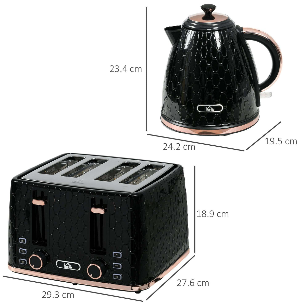 Wise Galleria Toaster Set featuring a sleek black toaster and matching kettle with rose gold accents