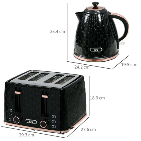 Wise Galleria Toaster Set featuring a sleek black toaster and matching kettle with rose gold accents