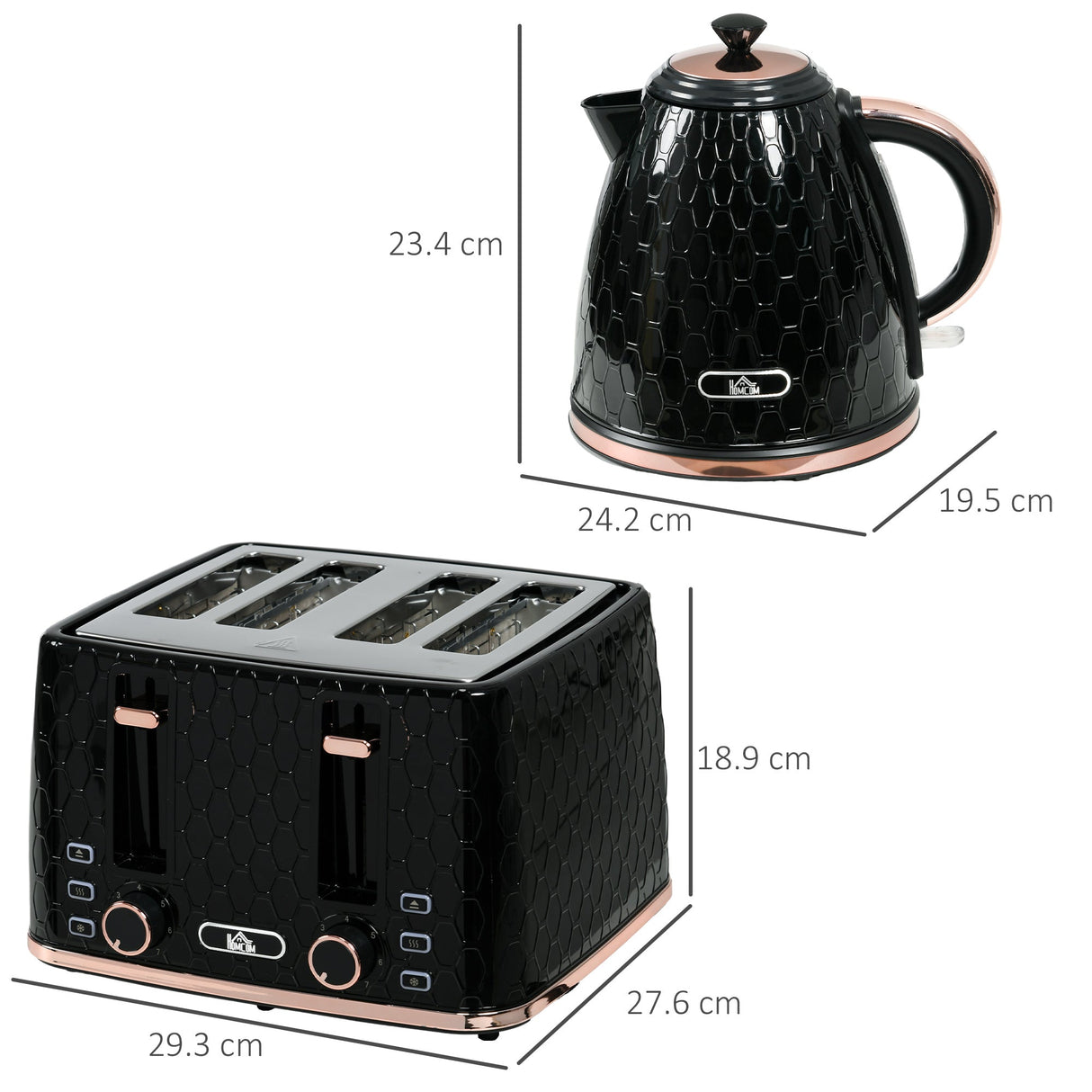 Wise Galleria Toaster Set featuring a sleek black toaster and matching kettle with rose gold accents