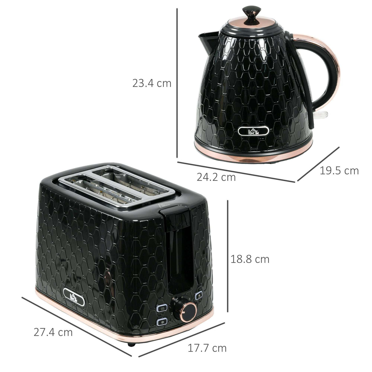 Wise Galleria Toaster Set featuring a black toaster and kettle with rose gold accents