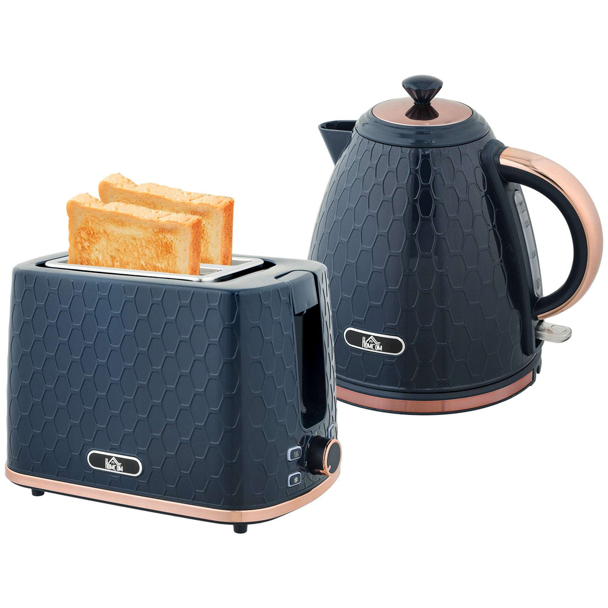 Wise Galleria Toaster Set featuring a stylish toaster and kettle in navy blue with rose gold accents