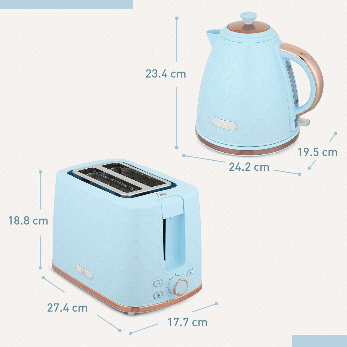 Wise Galleria Toaster Set in light blue with a toaster and kettle, perfect for modern kitchens
