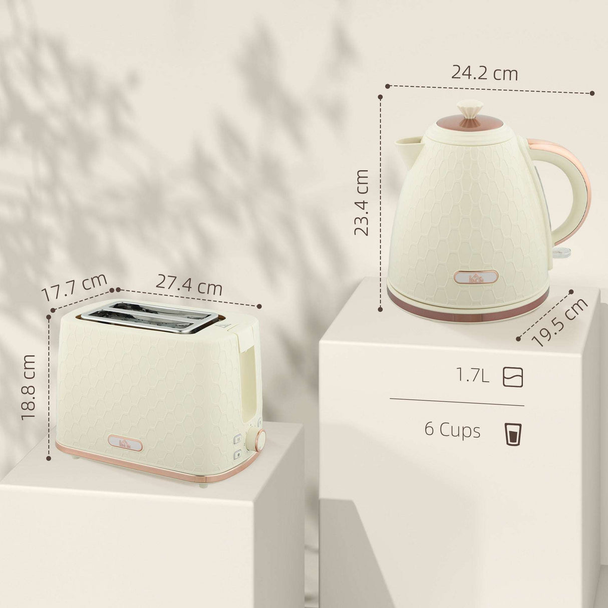 Wise Galleria Toaster Set featuring a stylish toaster and kettle with modern design and measurements