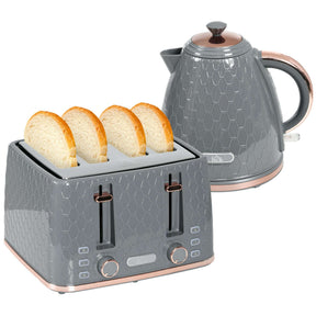 Wise Galleria Toaster Set featuring a sleek grey toaster and kettle with rose gold accents