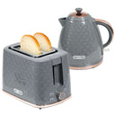 Wise Galleria Toaster Set featuring a modern grey toaster with two slices of bread and a matching kettle