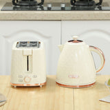 Wise Galleria Toaster Set featuring a cream toaster and kettle with elegant rose gold accents