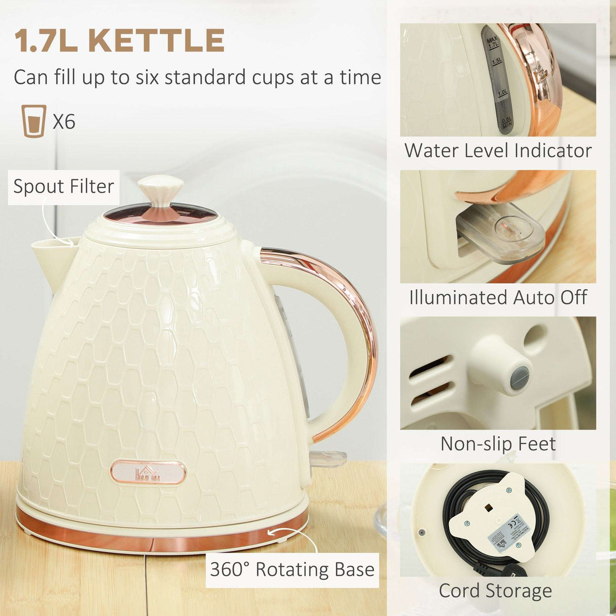 Wise Galleria 1.7L Kettle with Water Level Indicator and 360 Degree Rotating Base in Cream for a Toaster Set