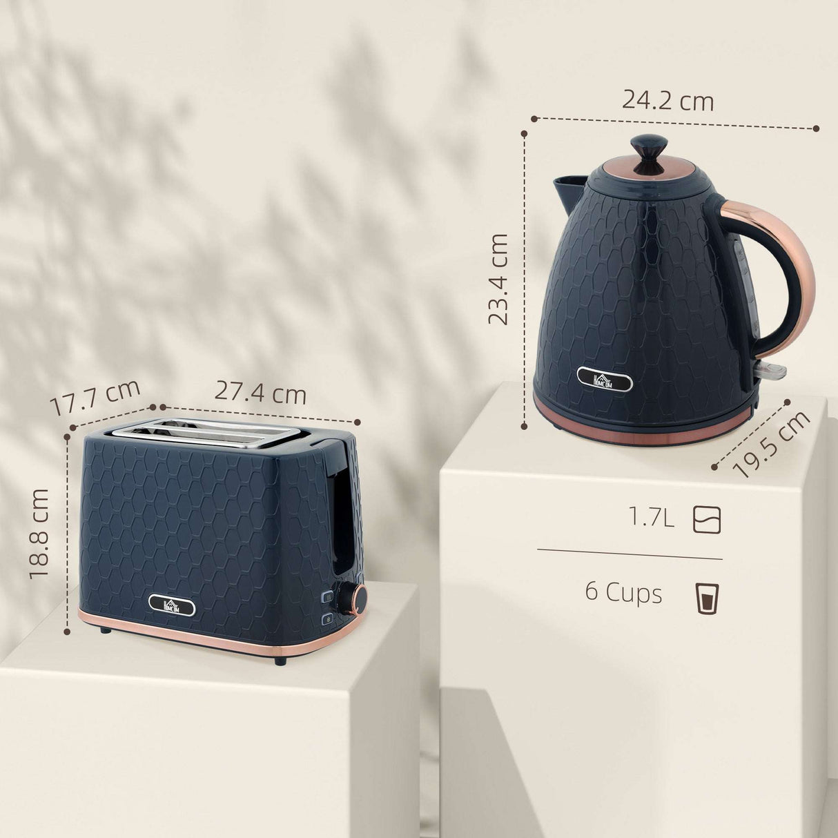 Wise Galleria Toaster Set features a stylish toaster and kettle in navy with rose gold accents