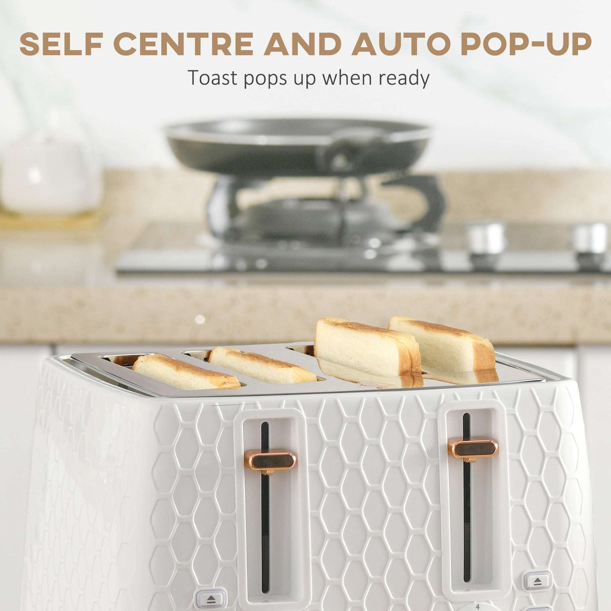 White Wise Galleria Toaster Set with self-centre and auto pop-up features for perfect toasted bread