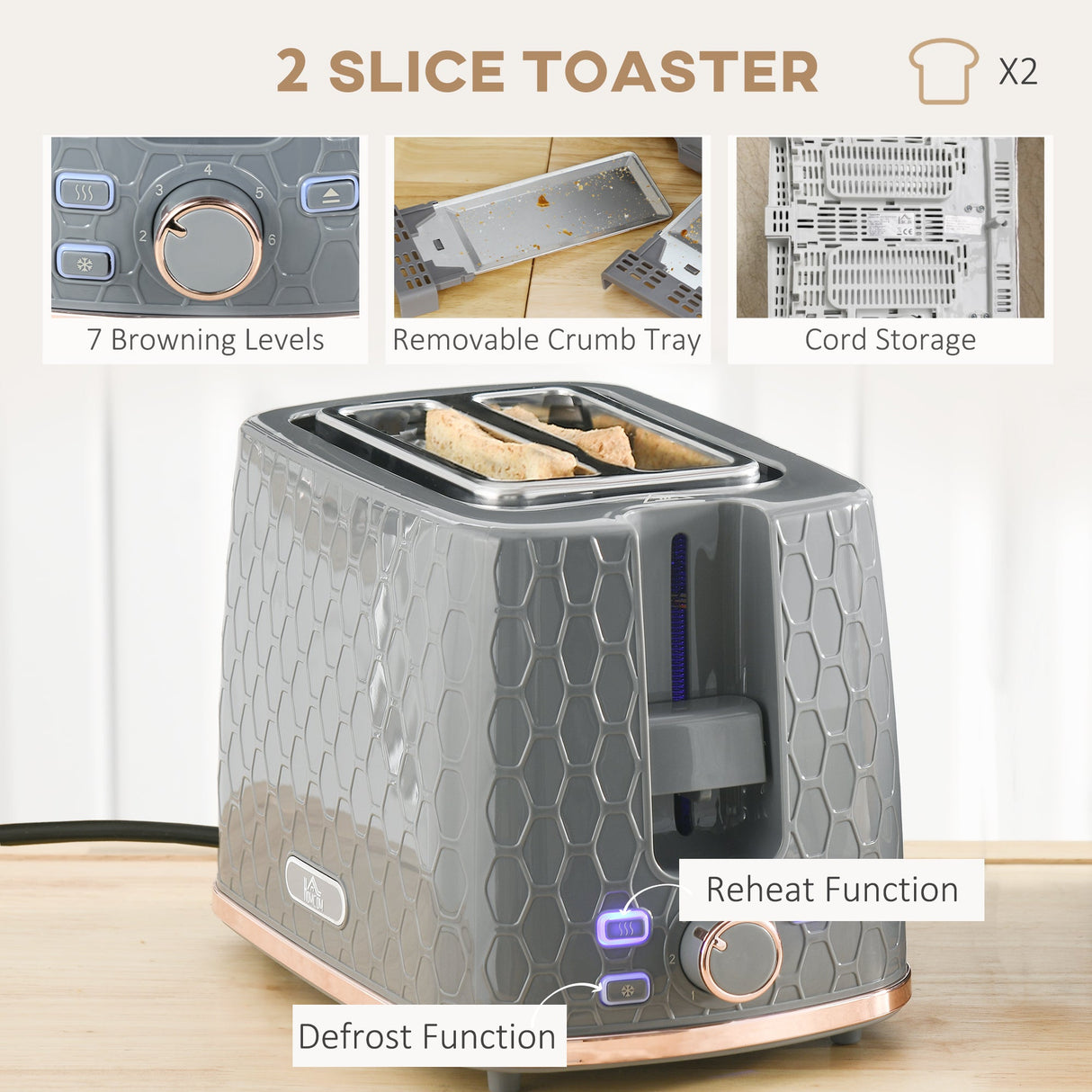Wise Galleria Toaster Set with 7 Browning Levels, Removable Crumb Tray, and Cord Storage