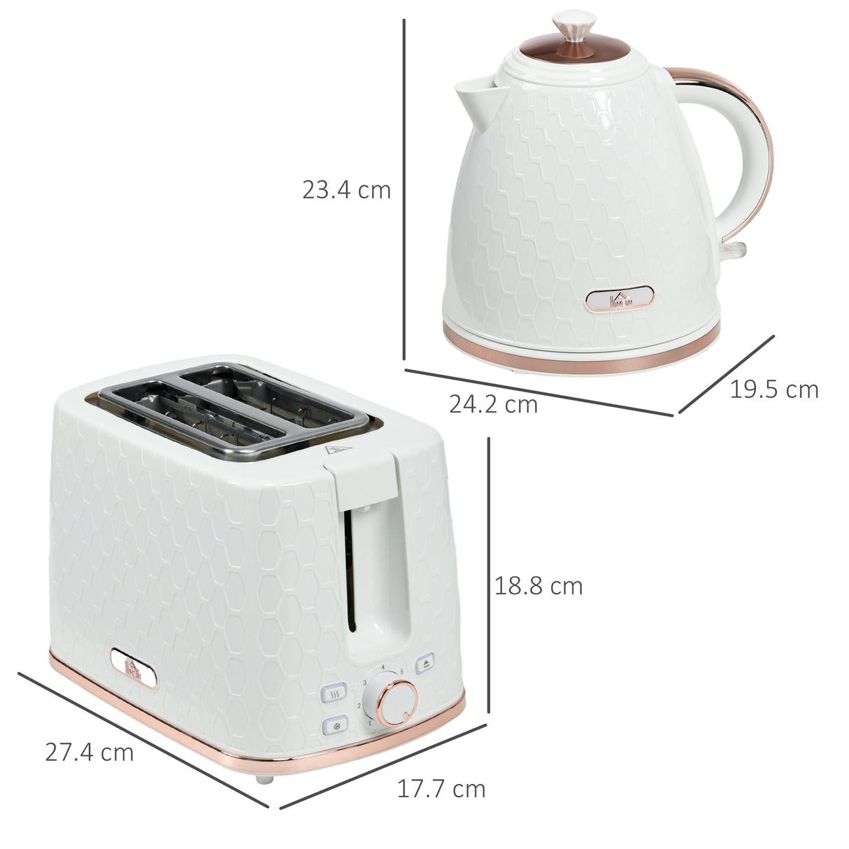 Wise Galleria Toaster Set featuring a stylish kettle and toaster in white with rose gold accents