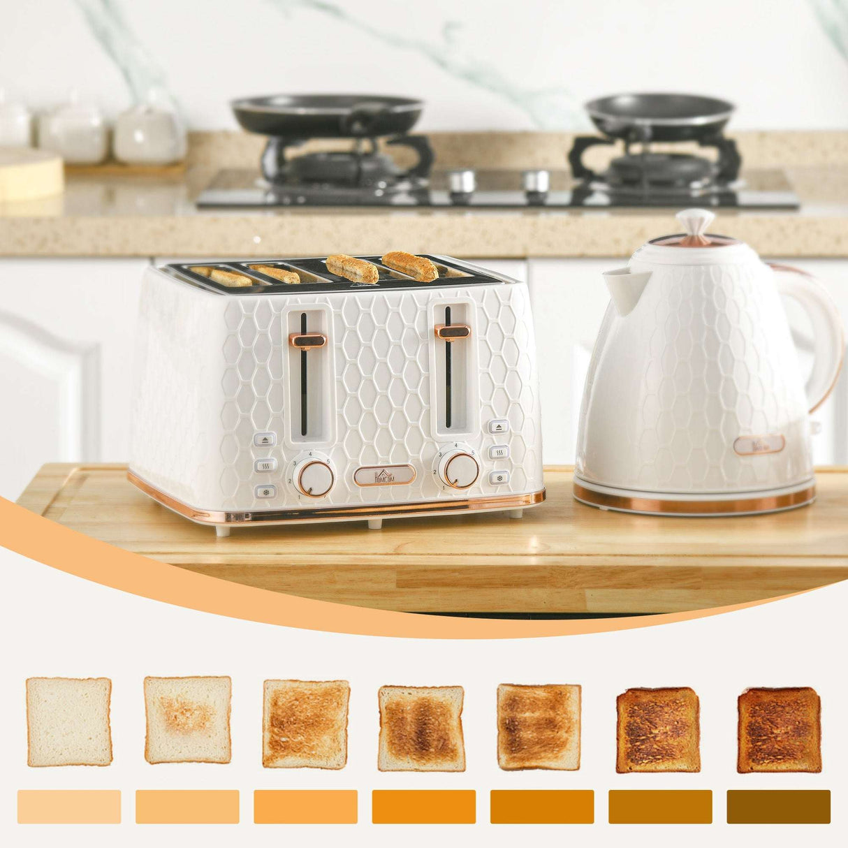 White Wise Galleria Toaster Set with four slots and a matching kettle for modern kitchens