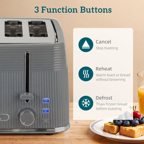 Wise Galleria Toaster with three function buttons for cancelling, reheating, and defrosting bread