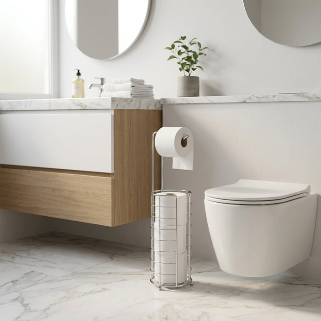Orsina stylish toilet roll holder in modern bathroom setting with marble floor and clean lines