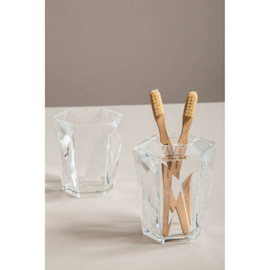 Orsina Toothbrush Holder in Clear Glass with Geometric Design and Two Wooden Toothbrushes