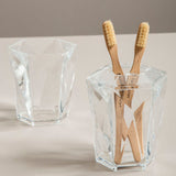 Orsina Toothbrush Holder in Clear Glass with Geometric Design and Natural Wooden Toothbrushes