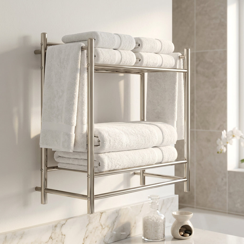 Orsina Towel Shelves in modern design with neatly folded white towels for stylish bathroom storage