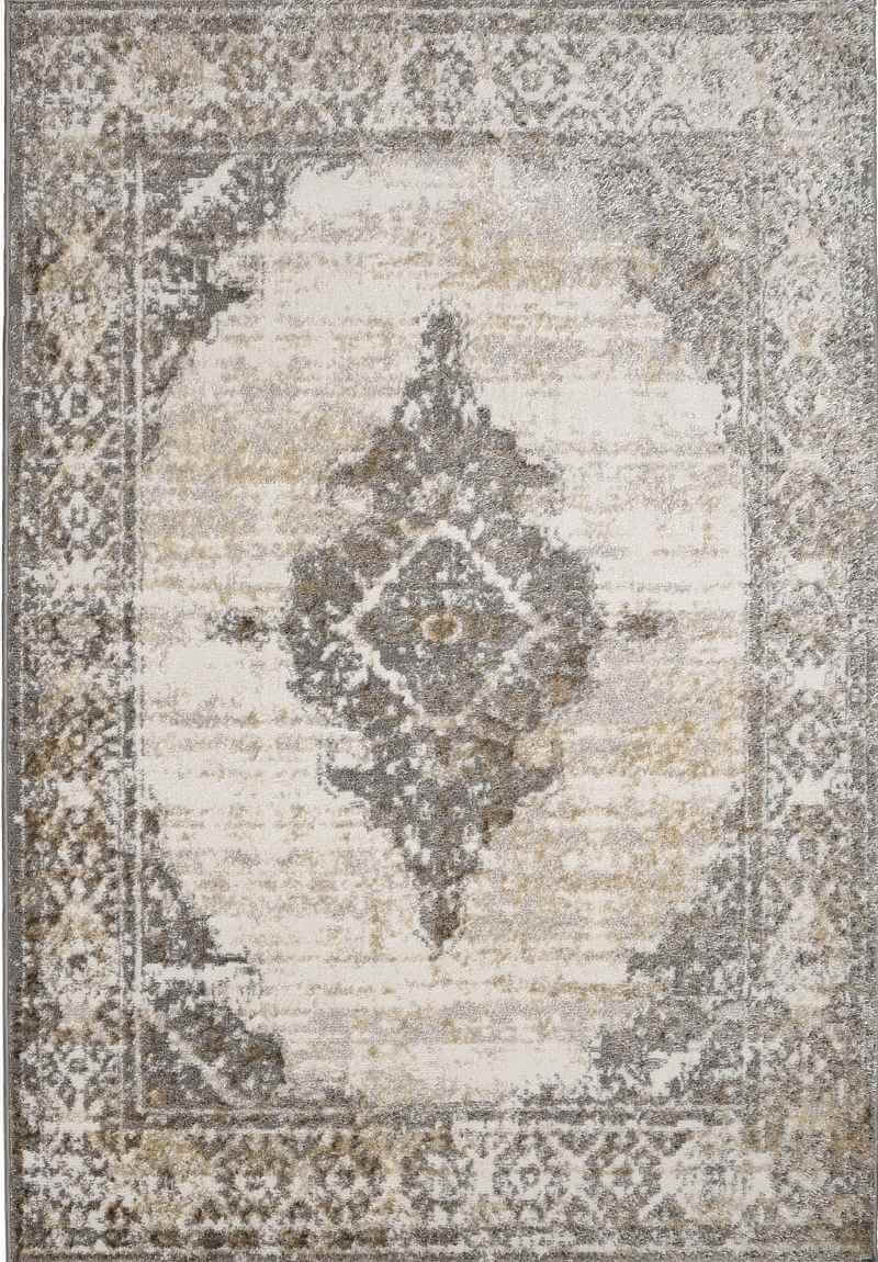 Elegant traditional rug in neutral tones featuring a central diamond motif and intricate border design