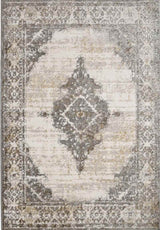 Elegant traditional rug in neutral tones featuring a central diamond motif and intricate border design