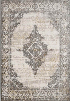 Elegant traditional rug in neutral tones featuring a central diamond motif and intricate border design