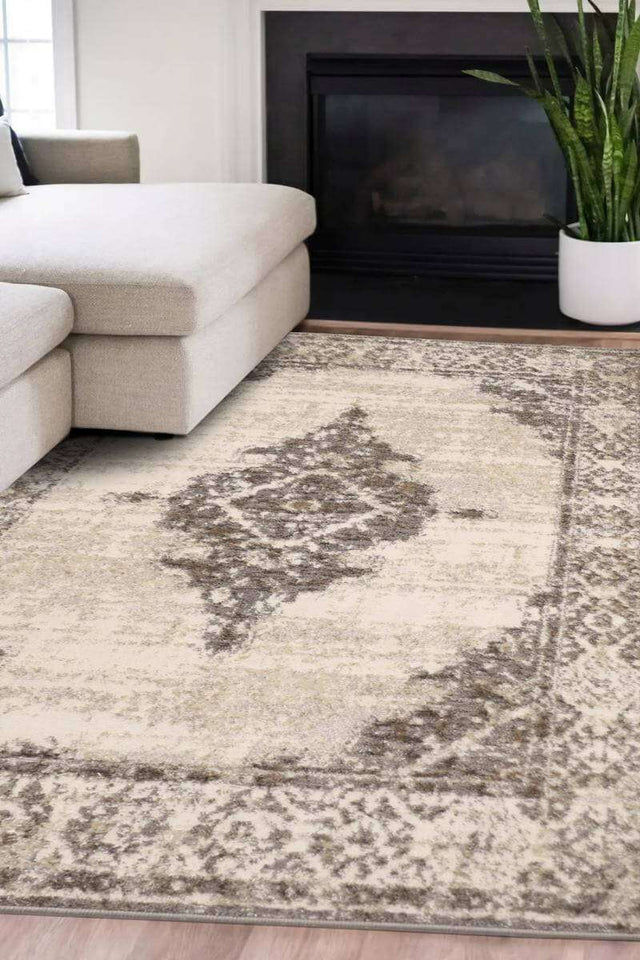 Elegant Traditional Rug in cream and grey tones, ideal for enhancing living room decor