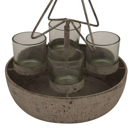 Rustic candle holder with four glass tea light holders featuring a Tree And Star design for Christmas decor