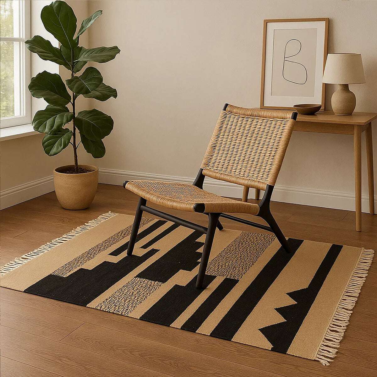 Orsina Trenza Rug in beige and black geometric design, perfect for modern living spaces