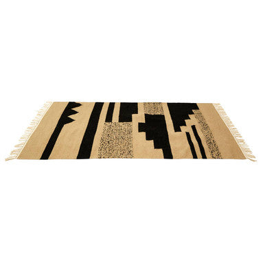 Orsina Trenza Rug in Beige and Black with Geometric Patterns and Fringed Edges