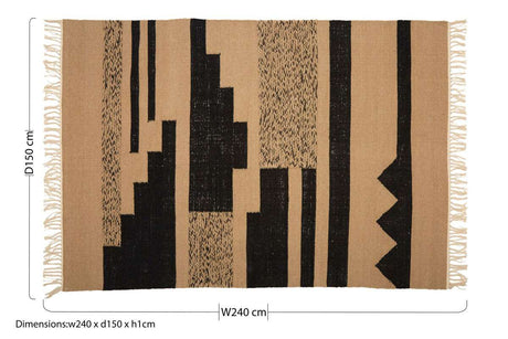 Orsina Trenza Rug in beige and black abstract design, measuring 240 x 150 cm with fringed edges
