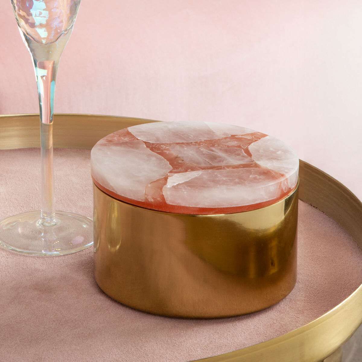 Orsina Trinket Box with Rose Quartz Lid and Gold Base for Stylish Decoration