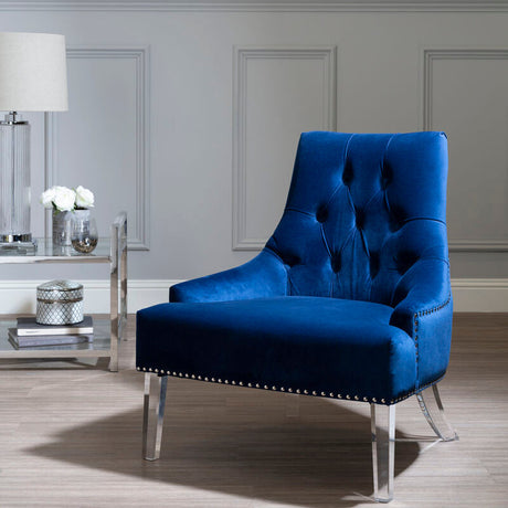 Orsina Tufted Chair in navy blue velvet with chrome legs and stylish button detailing