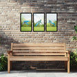 SunCatcher-UK Garden Mirror Set featuring three reflective panels above a rustic wooden bench