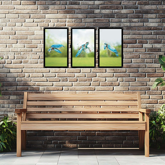 SunCatcher-UK Garden Mirror Set featuring three reflective panels above a rustic wooden bench