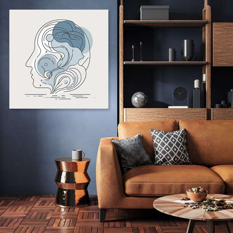 Abstract Wall Art Canvas featuring a minimalist design of faces in soft blue tones for modern decor