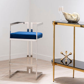 Orsina Bar Stool with Blue Cushion and Sleek Chrome Frame for Stylish Bar Seating