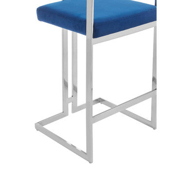 Orsina Bar Stool with a sleek chrome frame and vibrant blue upholstered seat