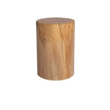 Natural wood side table with a cylindrical shape, perfect for rustic home decor