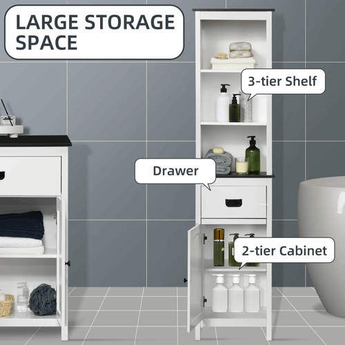 Freestanding Tall Bathroom Cabinet with Drawer and Adjustable Shelf White kleankin
