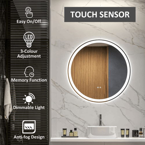 Dimmable Bathroom Mirror with LED Lights, 3 Colours, Defogging Film kleankin