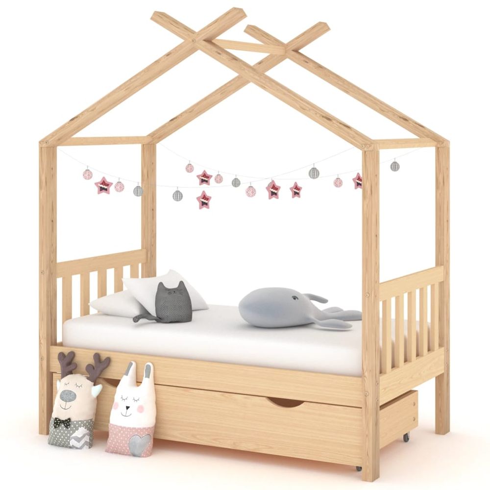 vidaXL Kids Bed Frame with a Drawer Solid Pine Wood 70x140 cm brown vidaXL