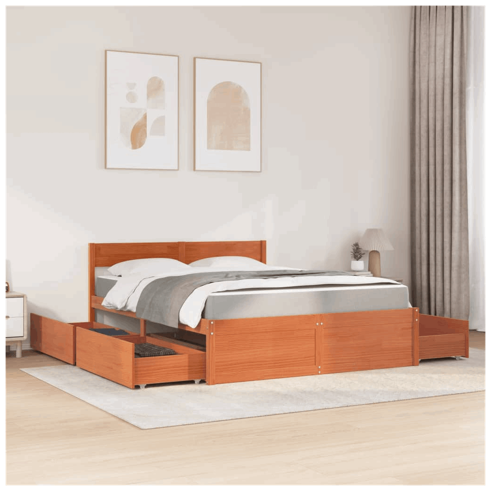 vidaXL Bed with Drawers and Mattress Wax Brown 160x200 cm Solid Wood Pine vidaXL