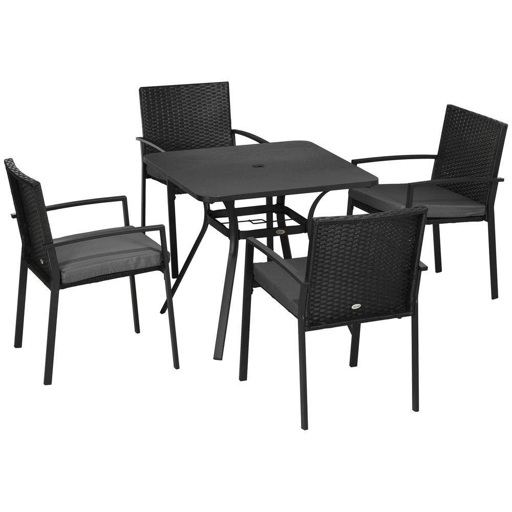 Outsunny 4 Seater Rattan Garden Dining Set Outdoor with Umbrella Hole - Black Outsunny