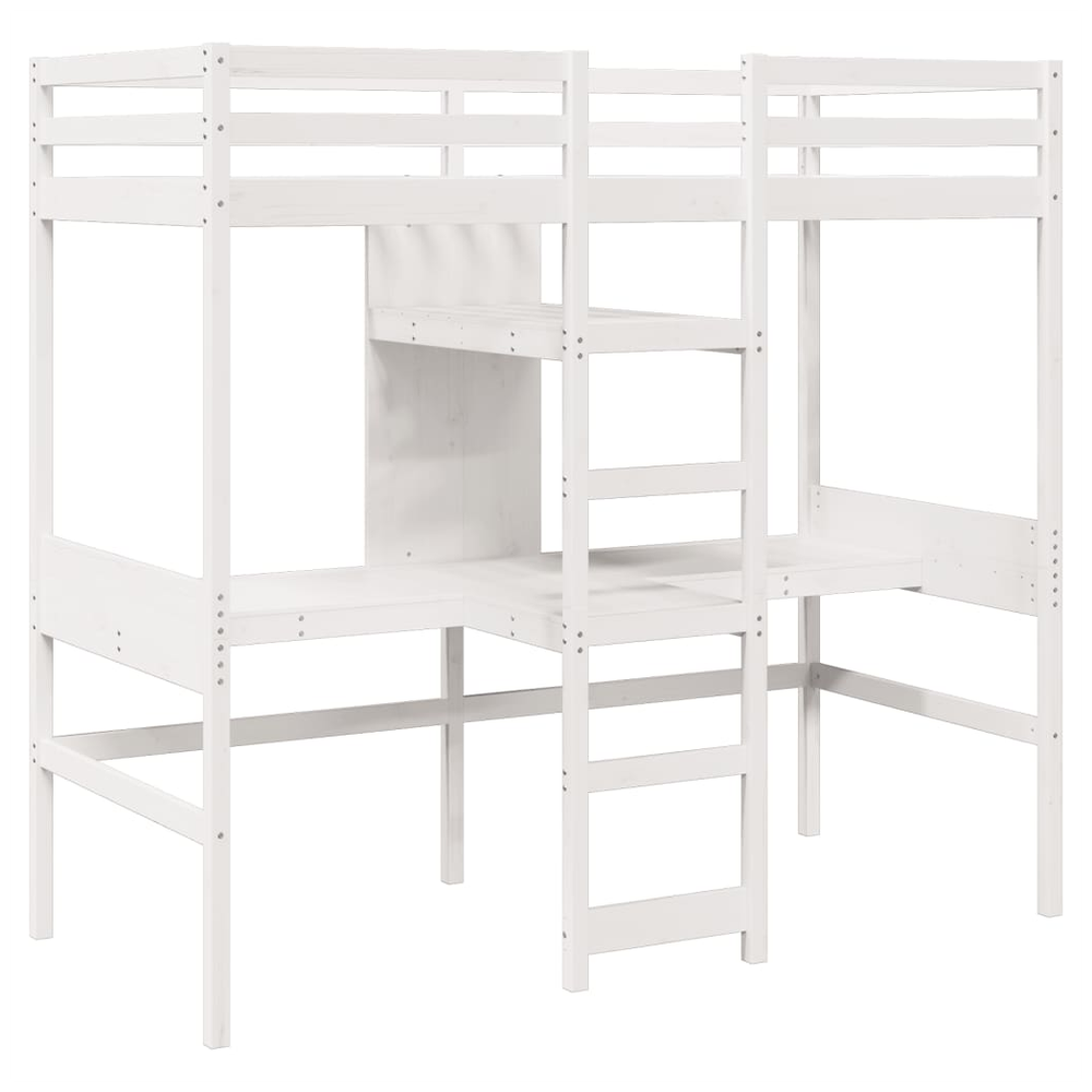 vidaXL Loft Bed Frame with Desk and Shelves White 90x200cm Solid Wood Pine vidaXL