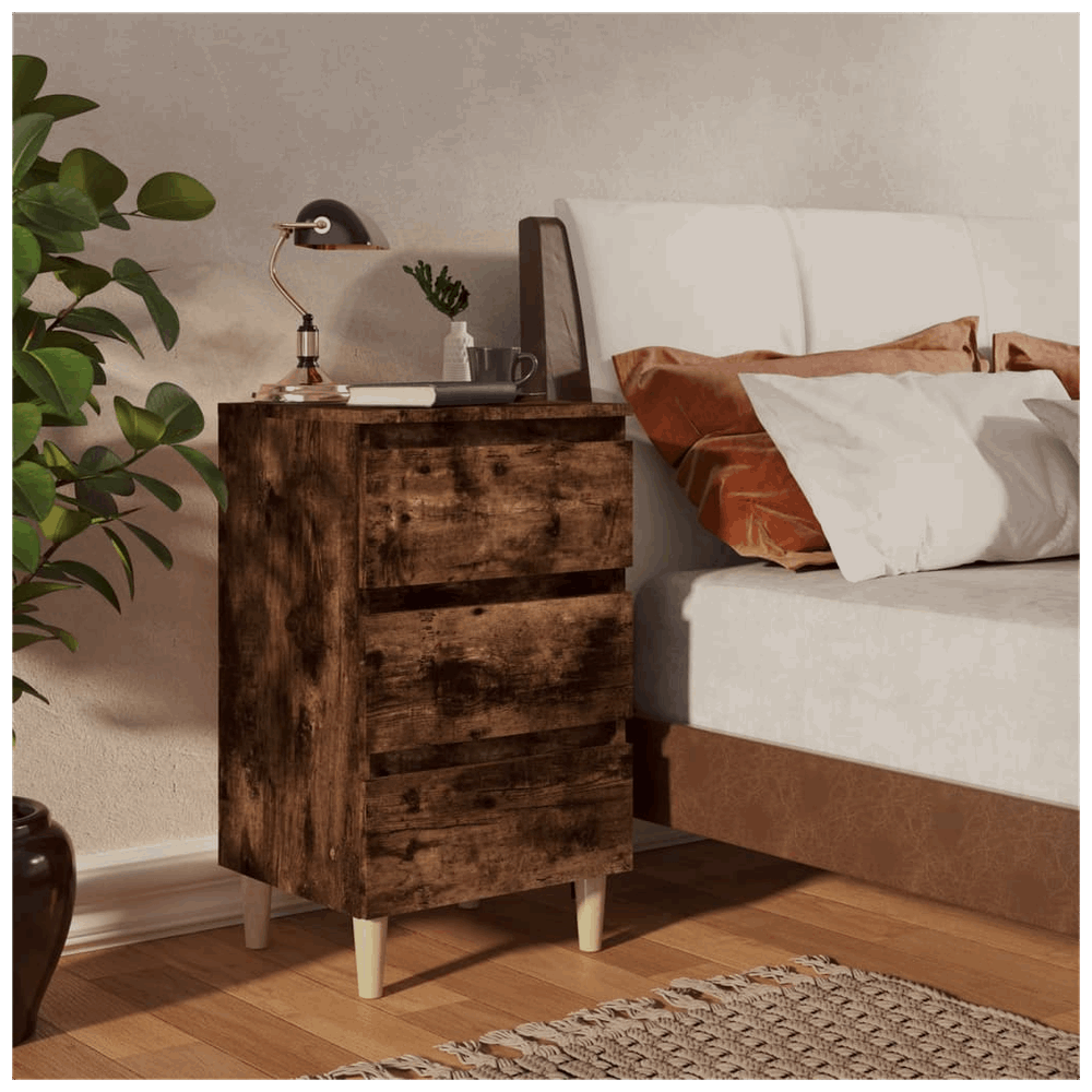 vidaXL Bed Cabinet with Solid Wood Legs Smoked Oak 40x35x69 cm vidaXL