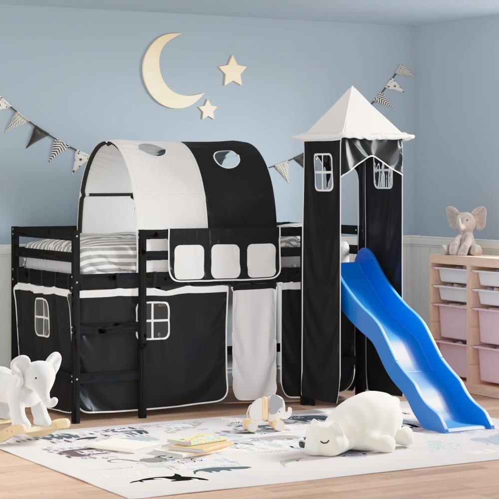 vidaXL Kids' Loft Bed with Tower White&Black 80x200cm Solid Wood Pine black vidaXL