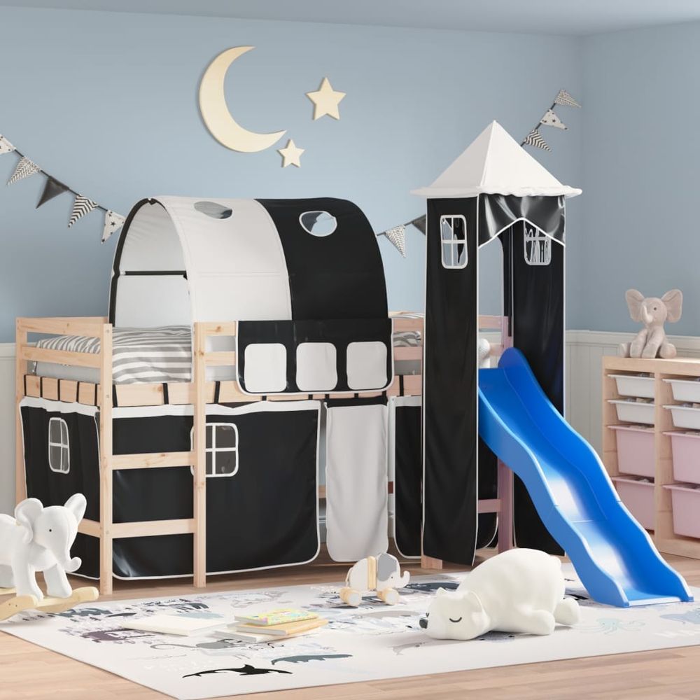 vidaXL Kids' Loft Bed with Tower White&Black 80x200cm Solid Wood Pine vidaXL