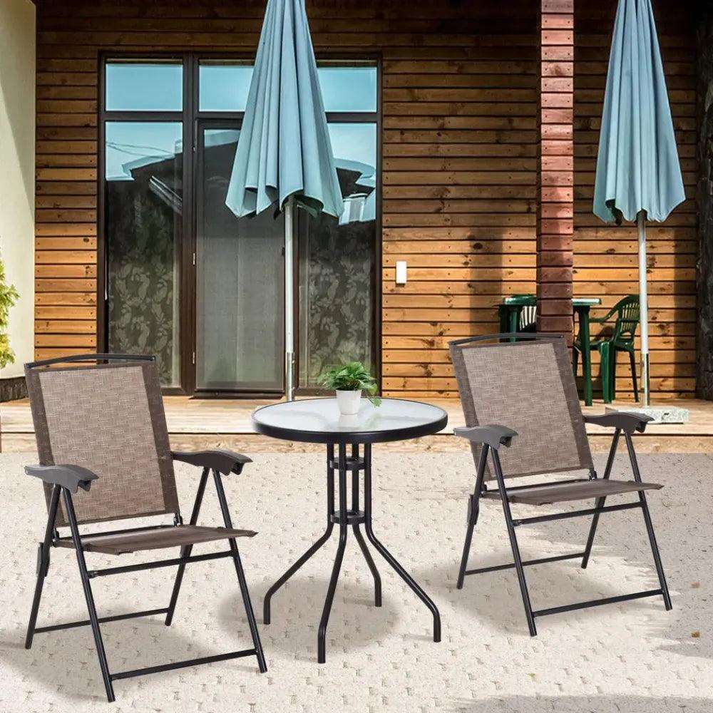 3 PCS Patio Furniture Bistro Set with Folding Chairs Tempered Glass Table Brown Unbranded