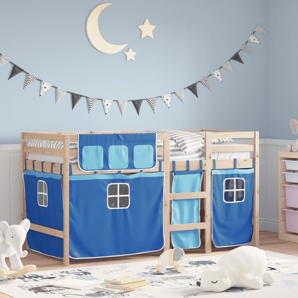 vidaXL Kids' Loft Bed with Curtains White&Black 80x200 cm Solid Wood Pine blue vidaXL