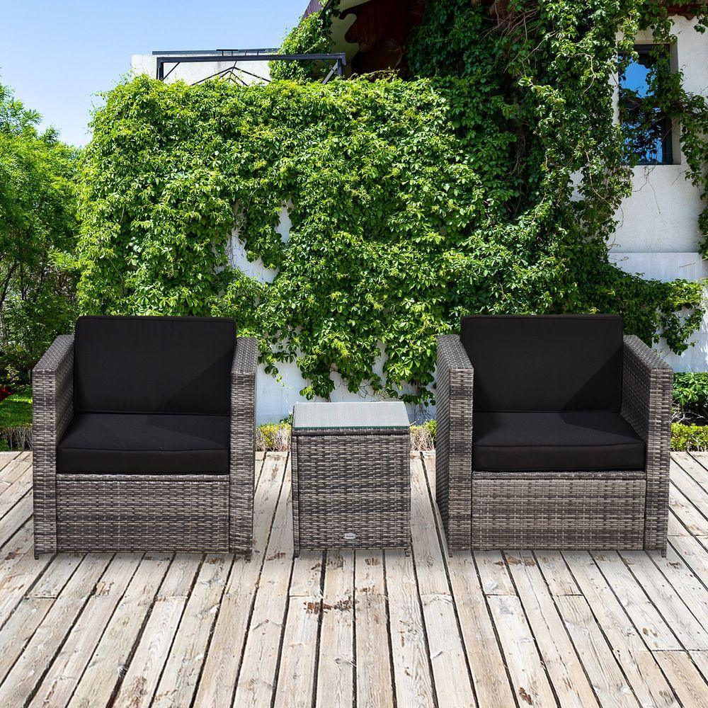 Outsunny 2 Seater Rattan Sofa Furniture Set W/Cushions, Steel Frame-Grey Outsunny